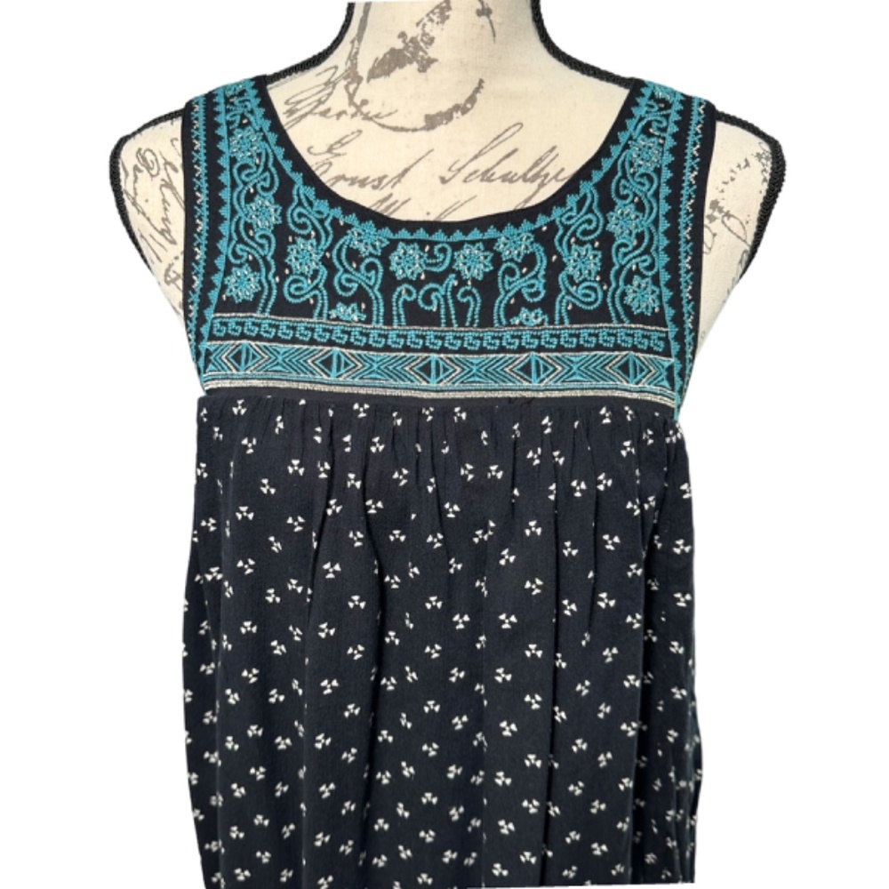 | American Eagle | Black Loose-fitting Bohemian Teal Embroidered Dress - S - Picture 3 of 7